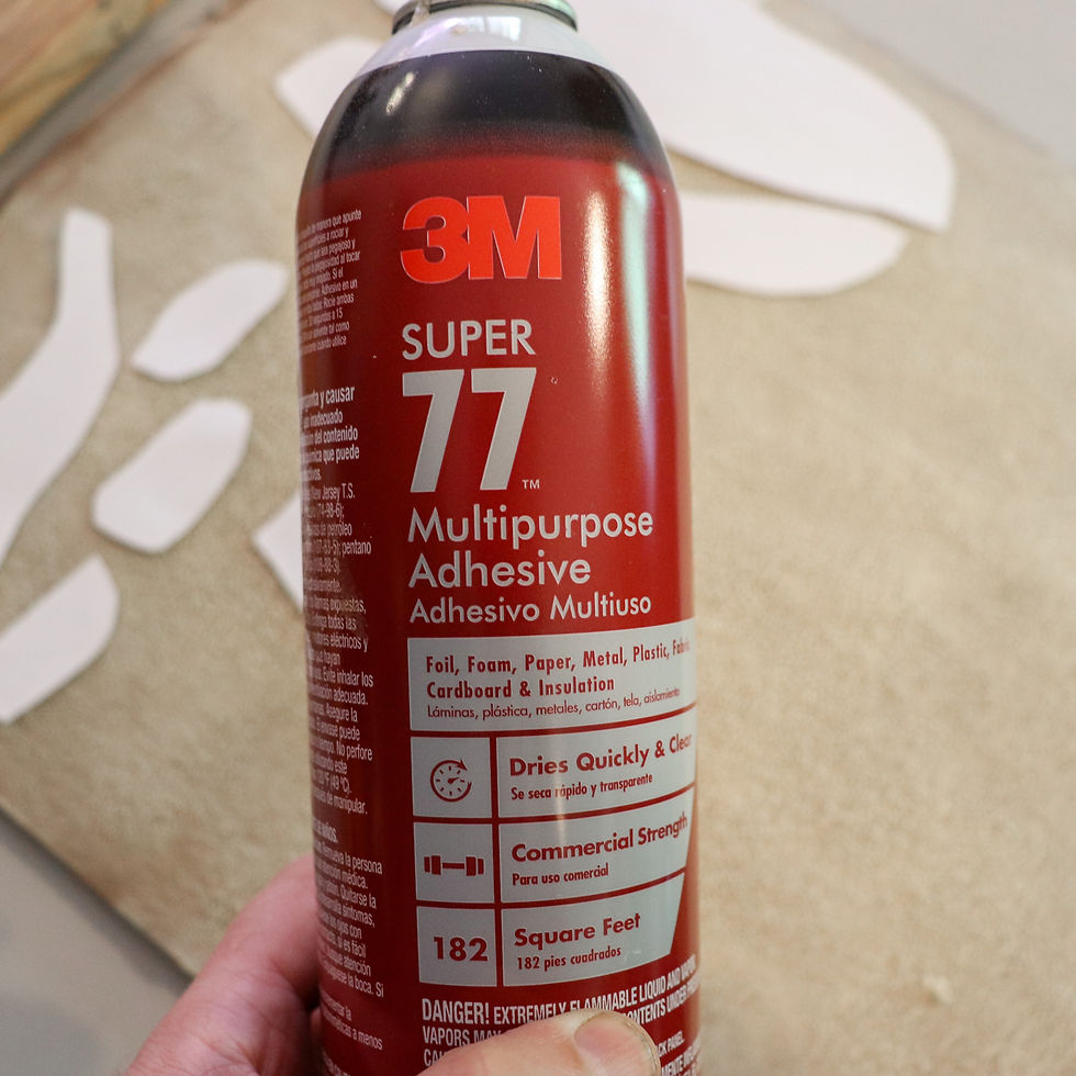 Man holding a uncapped can of brand 3M super 77 multipurpose adhesive spray that's red with a blurred background showing patterns about to get sprayed on a cardboard
