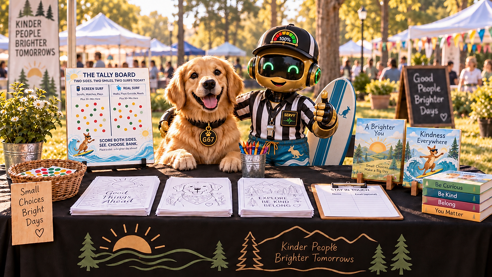 Friendly robot and golden retriever at an outdoor kindness booth with colorful signs, books, and a surfboard at a sunny fair