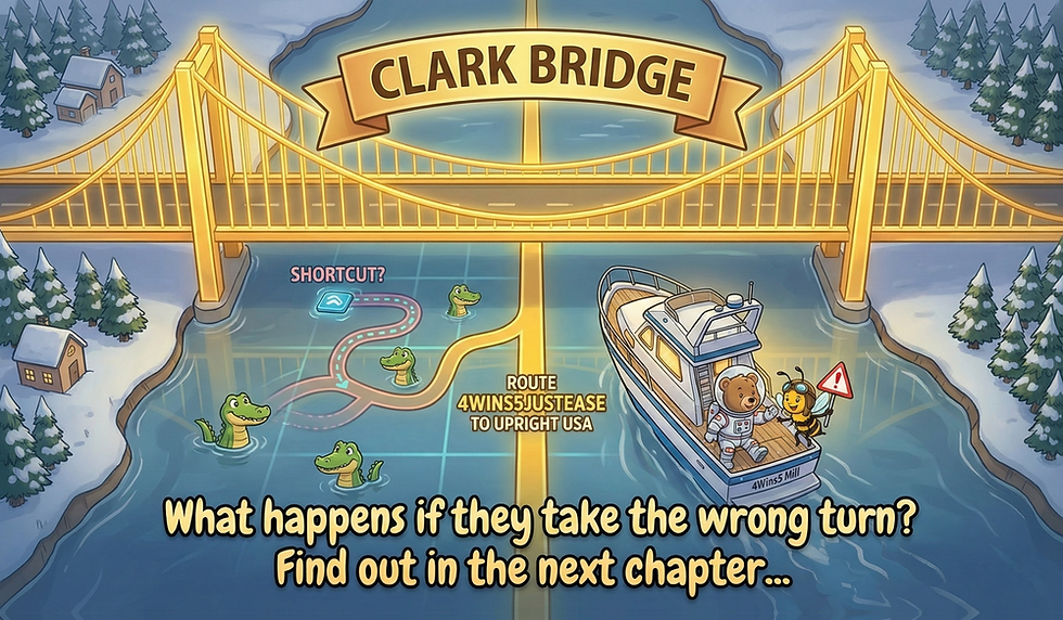 Bear and bee on a boat near snowy Clark Bridge with alligators, contemplating a "shortcut." Text: "What happens if they take the wrong turn?"