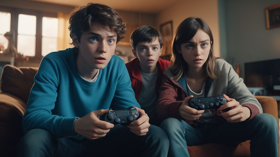 Three teenagers focus intensely while playing video games in a cozy living room. They're holding controllers, with soft natural light behind.