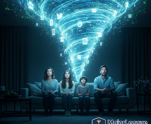 Family on a sofa gazes at a digital tornado of social media icons above them. The room is dim, with a sense of awe. MajorLeagueFamily.com logo.