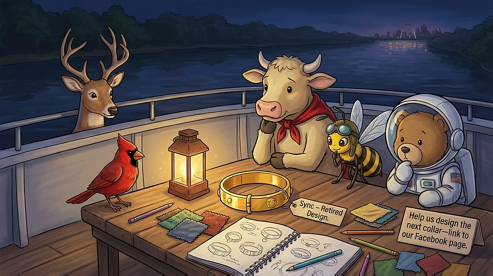 Animals gather around a table with design sketches on a boat at dusk. A lantern glows, and city lights are visible in the background.