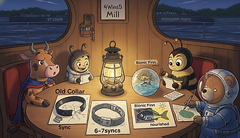 Characters around a table on a boat, analyzing a fish in a bowl and papers labeled Old Collar, Sync. A lantern illuminates the cozy indoor setting.