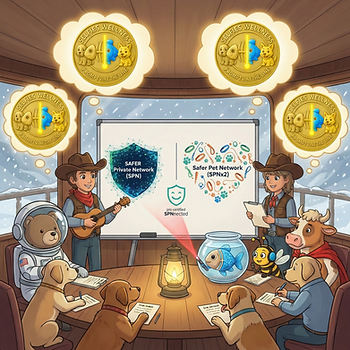 Cowboys present to animals in a snowy cabin. A bear in an astronaut suit plays guitar. Notable text: "Safer Private Network" and "SPNnected".