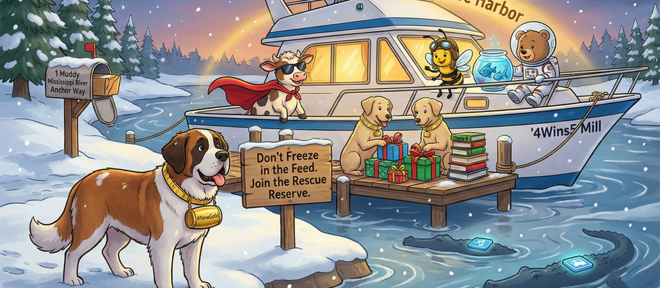 A snowy riverside scene with animals on a boat: a superhero cow, bee with a fishbowl, and bear. Two dogs on a dock with gifts and books. Signs read "Safe Harbor," "Don't Freeze in the Feed," and location directions.