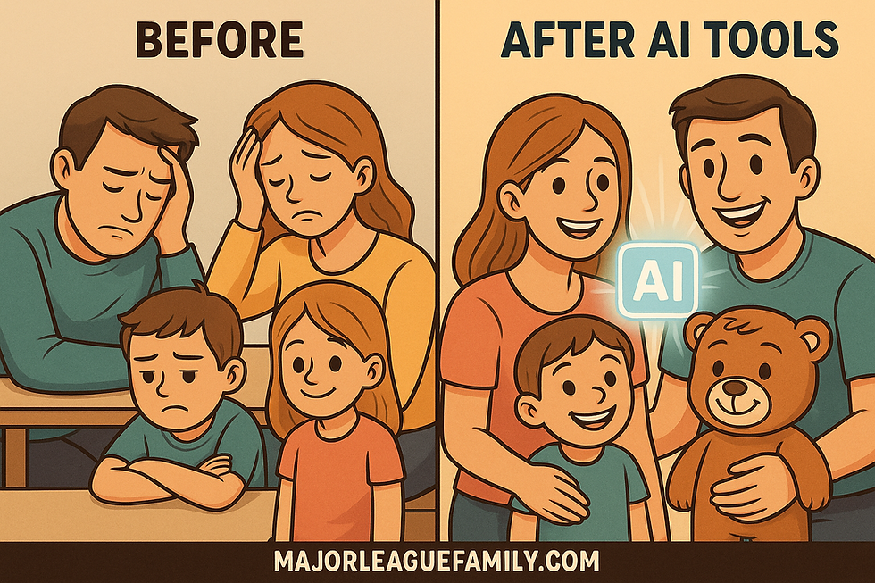 Split image of a sad family "Before" AI tools, and a happy family with "AI" logo, teddy bear "After AI tools." Text: majorleaguefamily.com.
