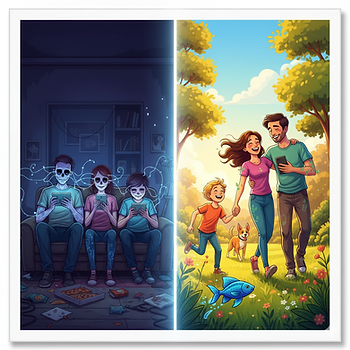 Left: Family with skull faces absorbed in devices, dark room, blue glow. Right: Same family joyful, outdoors, sunny with dog. Contrast in vibe.