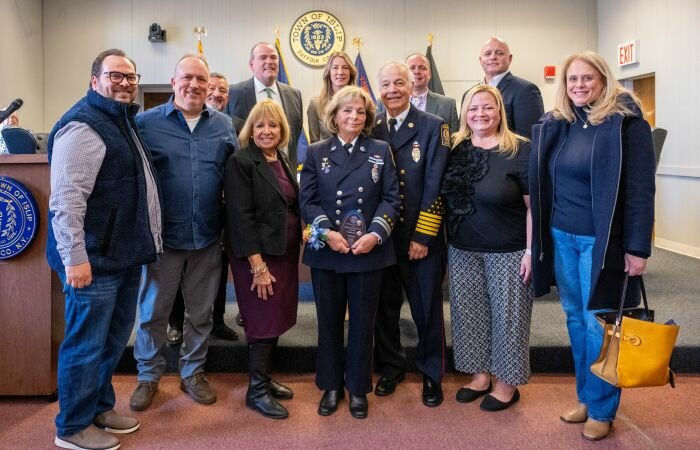 Town Hall was full of fellow EMTs and members of the Holbrook Fire Department, who came to support Phyllis Boccio, pictured with her family.
Photos courtesy of the Town of Islip.