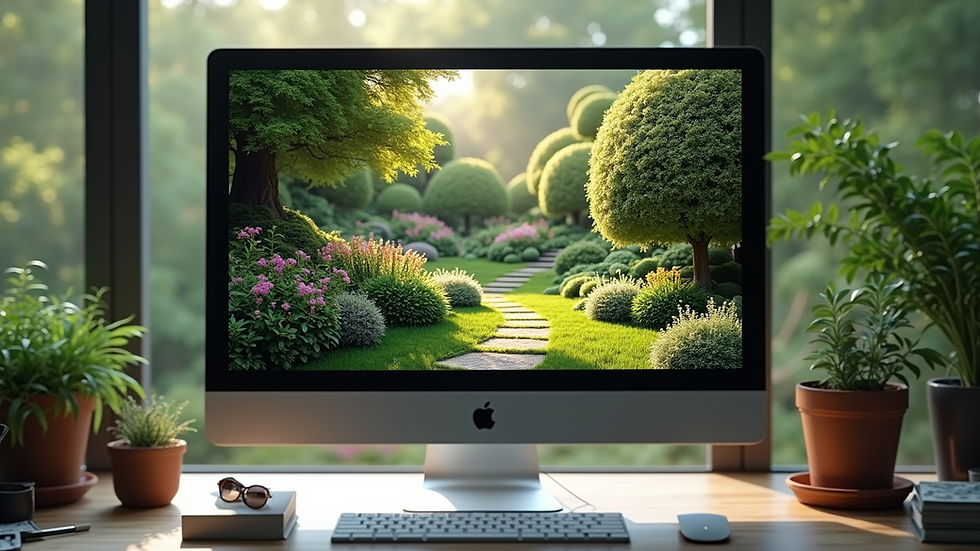 Eye-level view of a digital garden design on a computer screen