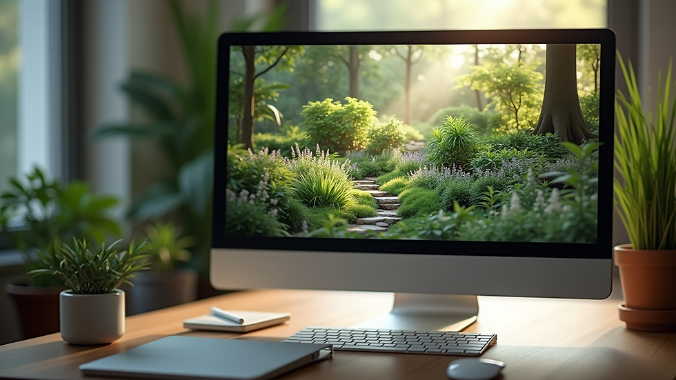 Eye-level view of a digital garden design on a computer screen