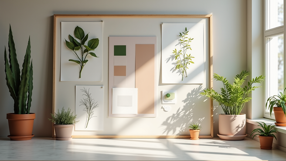 Eye-level view of a creative workspace with botanical moodboard and color samples