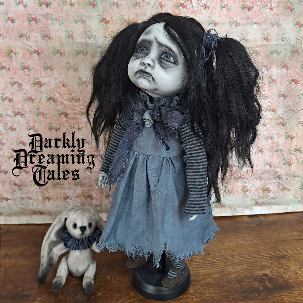 Thumbnail: creepy cute goth ooak art doll with an artists teddy
