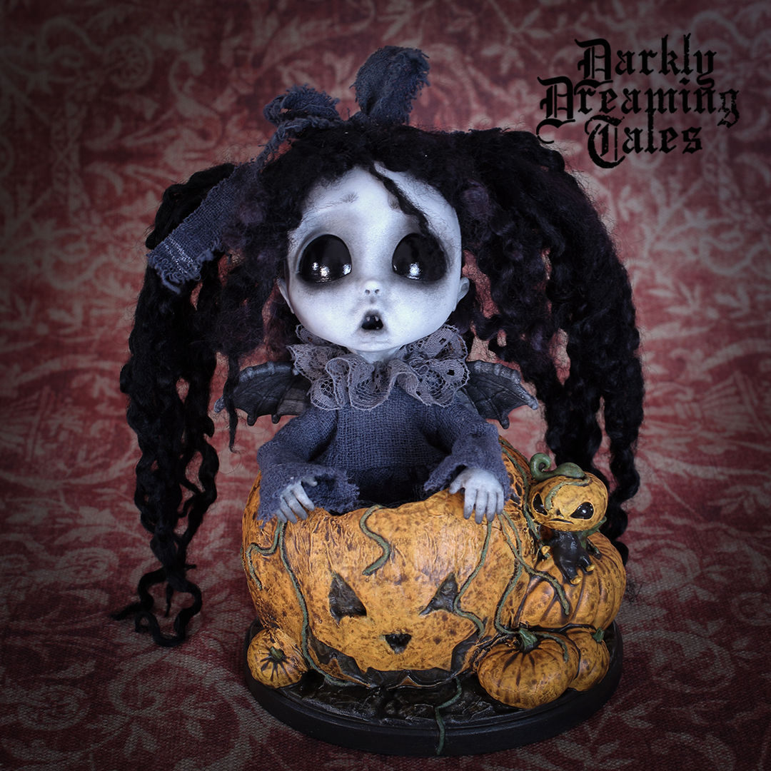 ceepy cute halloween goth decor vampire art doll in a pumpkin for a ooak doll collector