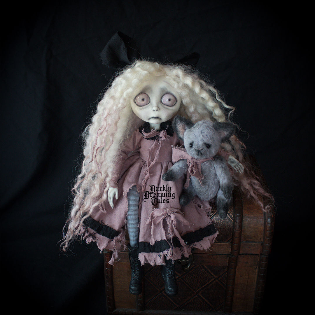 creepy cute gothic art doll for a doll collector, sculpted artist doll with a handmade teddy cat