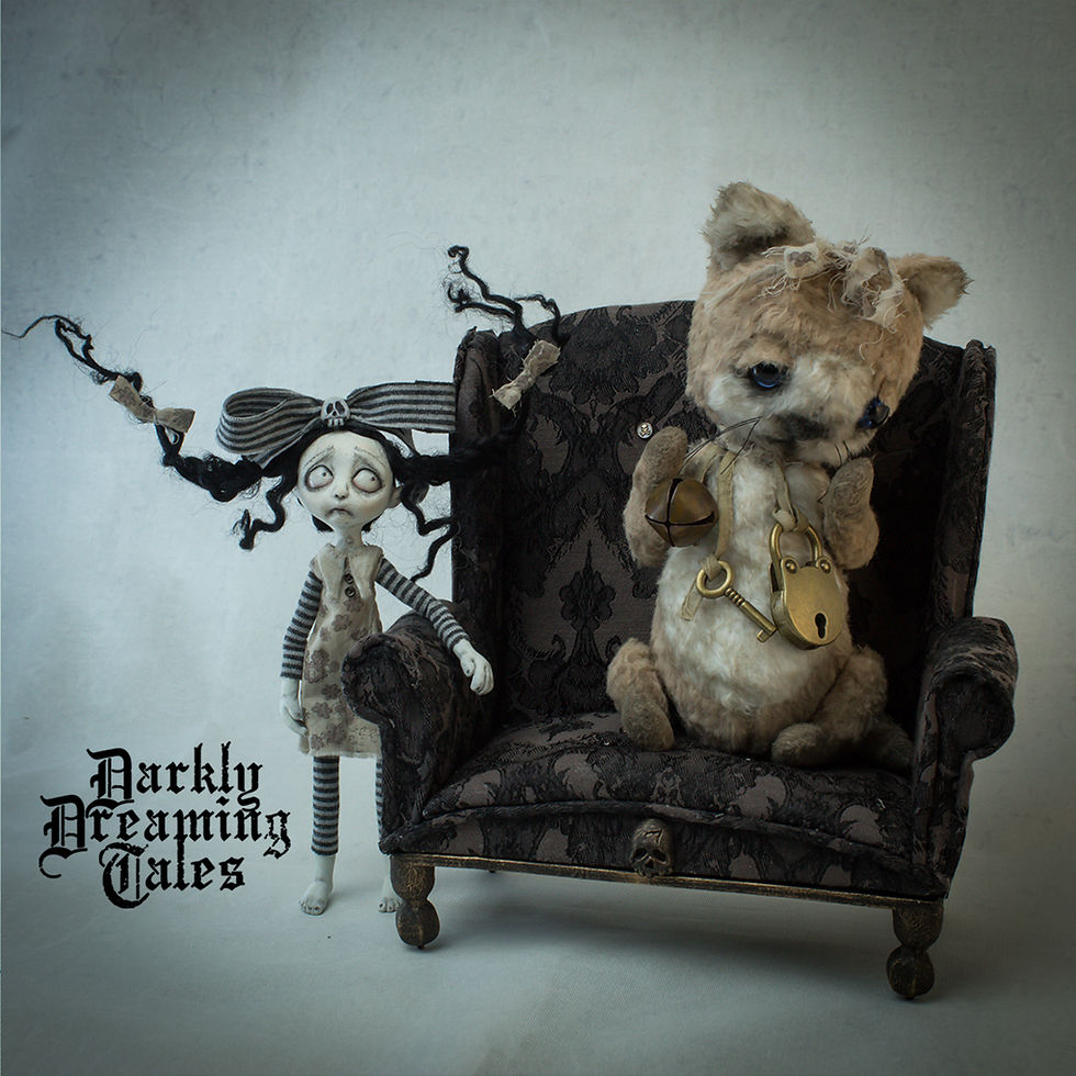 creepy cute ooak art doll handsculpted and handmade sofa with vintage cat teddy in a goth decor tim burton style