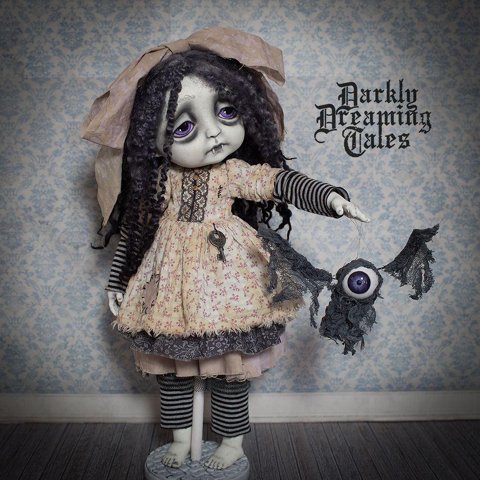 Thumbnail: gothic vampire art doll collector unique handmade sculpted doll creepy cute horror doll bat tim burton style gothic decor