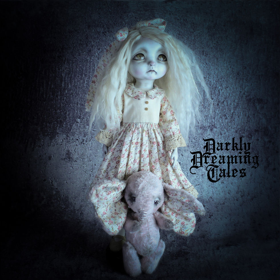 Thumbnail: art doll in dark gothic style by a doll artist for a ooak doll collector, with a creepy cute handmade artists teddy elephant