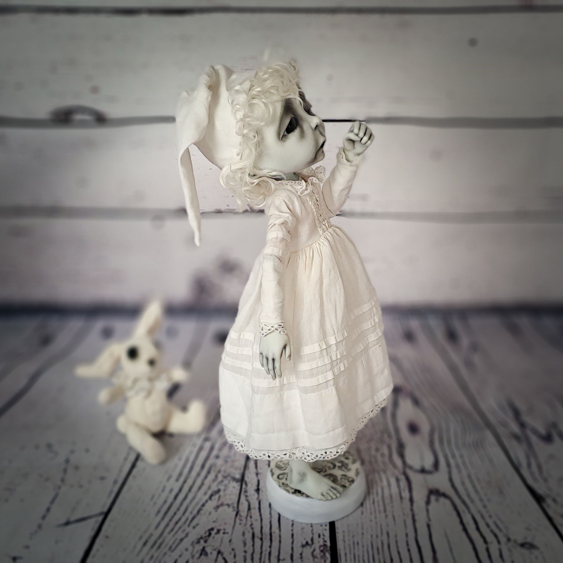 OOAK art doll on a custom stand with a handmade bunny in a victorian gothic style
