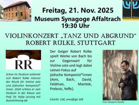 Freitag, 21. November, 19:30 Uhr: Violinkonzert „Tanz und Abgrund“ mit dem Soloviolinisten Robert Rülke, Stuttgart.