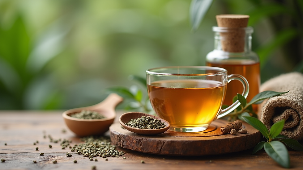Close-up view of a wooden table with herbal teas and natural therapy tools