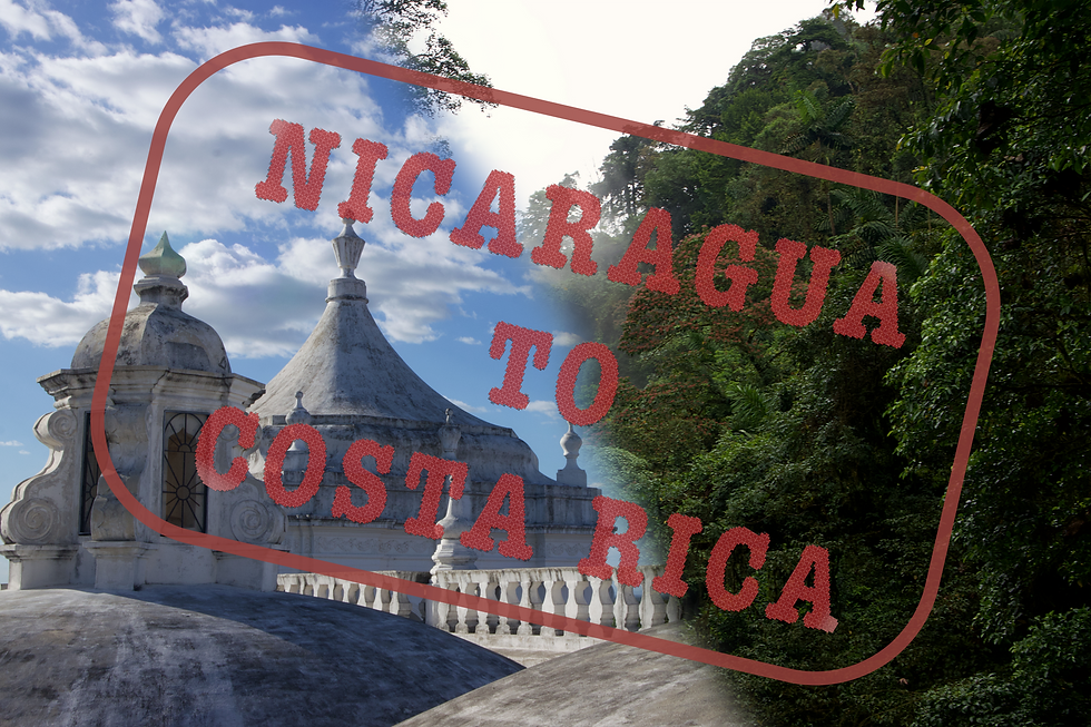 White church domes beside lush green forest under blue sky, overlaid with red text: NICARAGUA TO COSTA RICA.