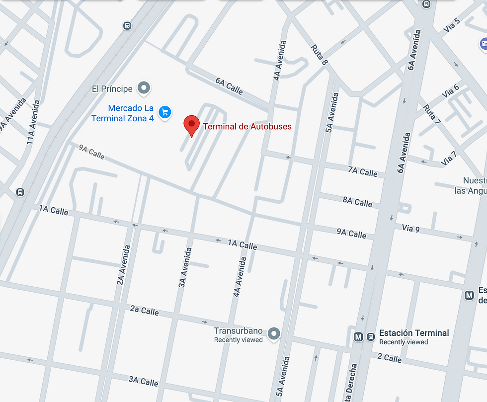 Map showing a bus terminal marked in red in a grid of streets, including 6A Avenida and 2A Calle. Notable points: El Príncipe, Transurbano.