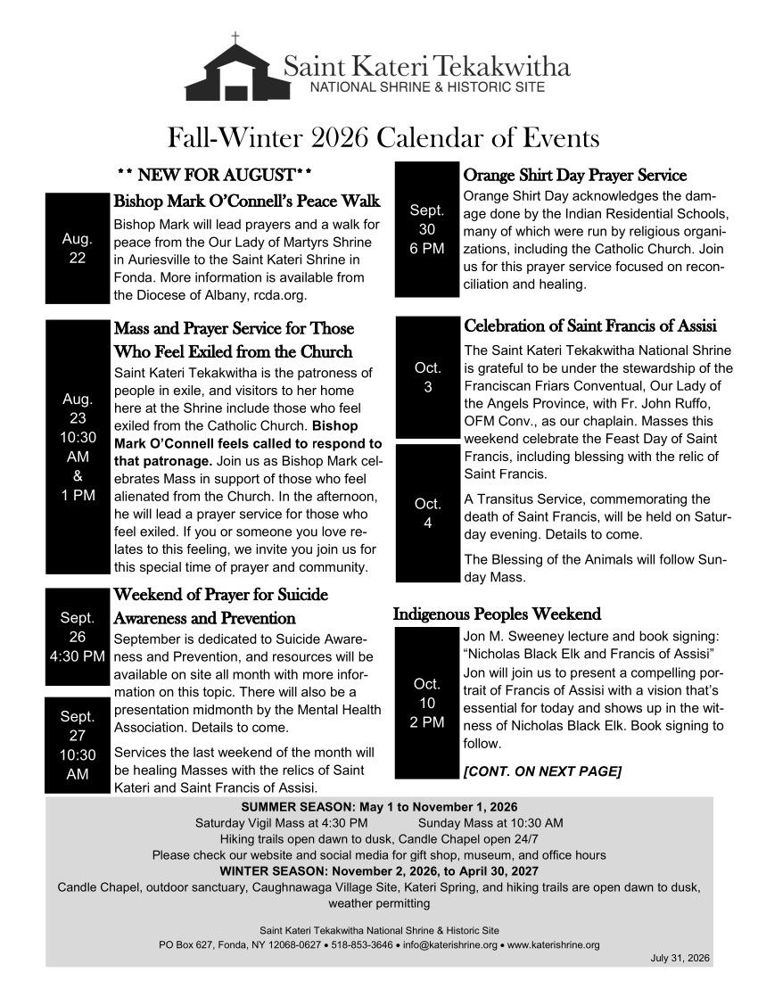 Fall-Winter 2026 Calendar of Events