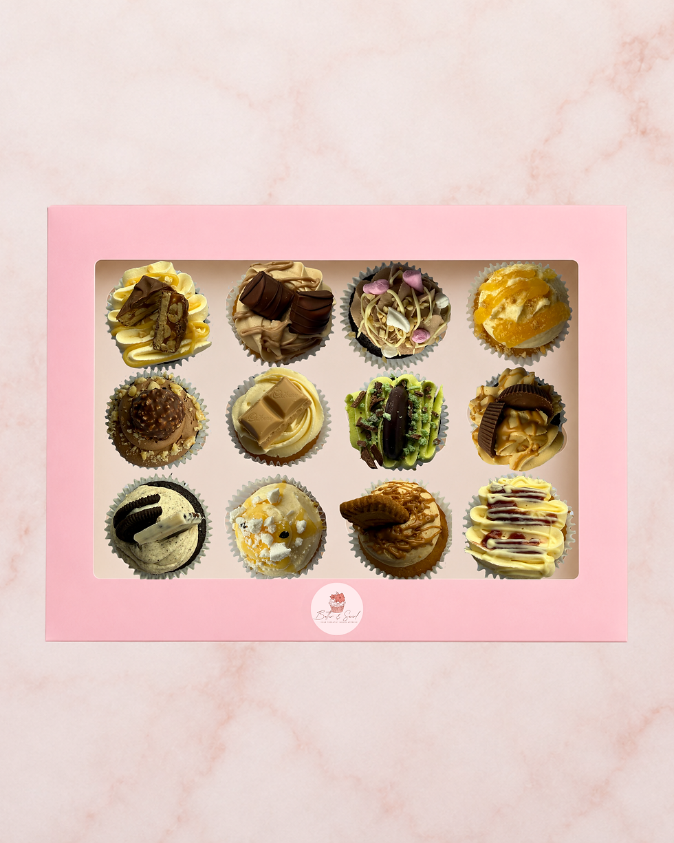 Twelve assorted gourmet cupcakes in a pink window box.