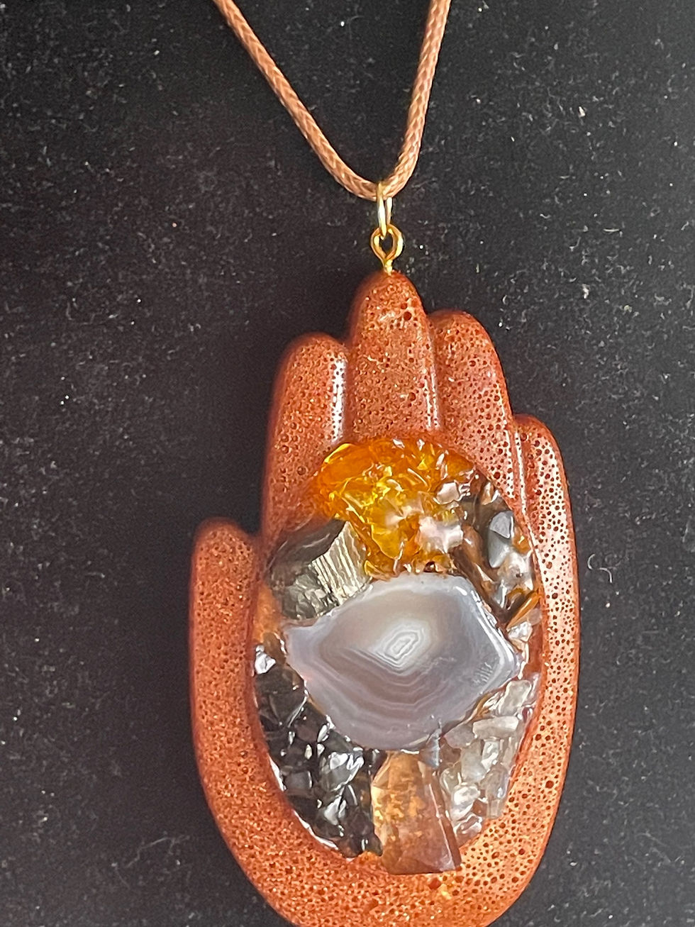 Thumbnail: Mosaic Resin Hamsa Hand with Crystals (Brown)