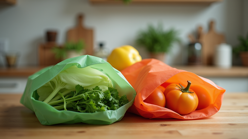 Eye-level view of reusable silicone food bags filled with fresh vegetables on a kitchen table