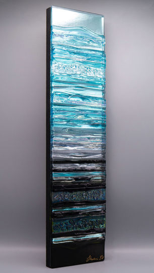 Winter Equinox. Stunning glass wall art in shades of black, grey and aqua. Fused glass art. Stephanie Else
