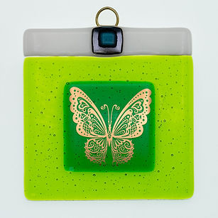 Lime green, fused glass butterfly plaque. Glass gift, Gold butterfly, Stephanie Else Contemporary Glass
