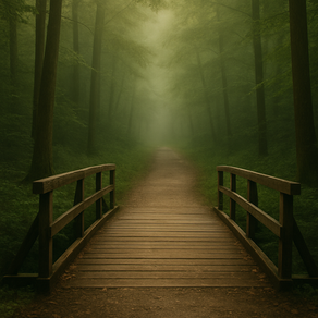a wooden foot bridge leads to a geen forest