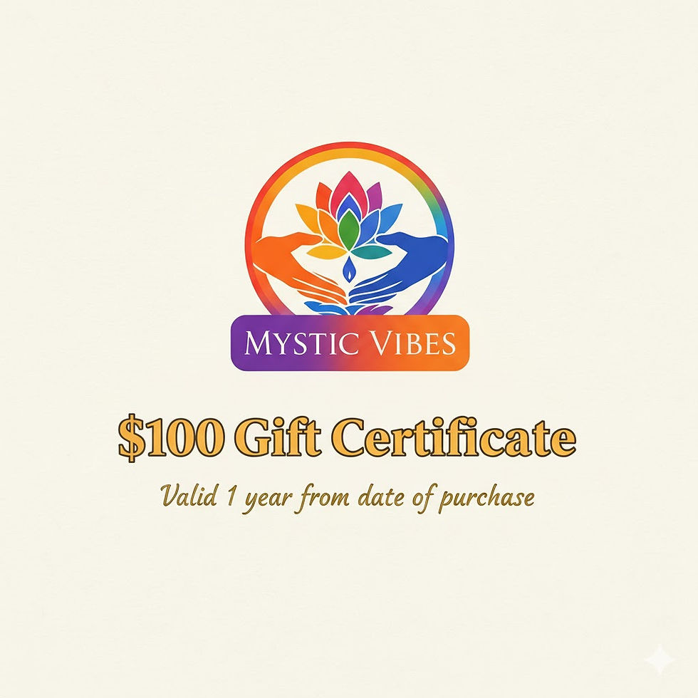 cream colored background with mystic vibes logo with text that reads $100 gift certificate valid 1 yr from purchase date