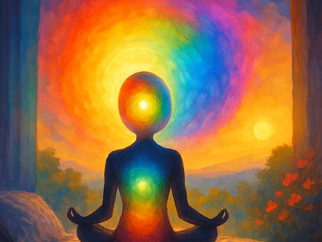 Vivid digital artwork of meditation and color healing, showing radiant rainbow light used in hypnosis visualization for balance and wellness.