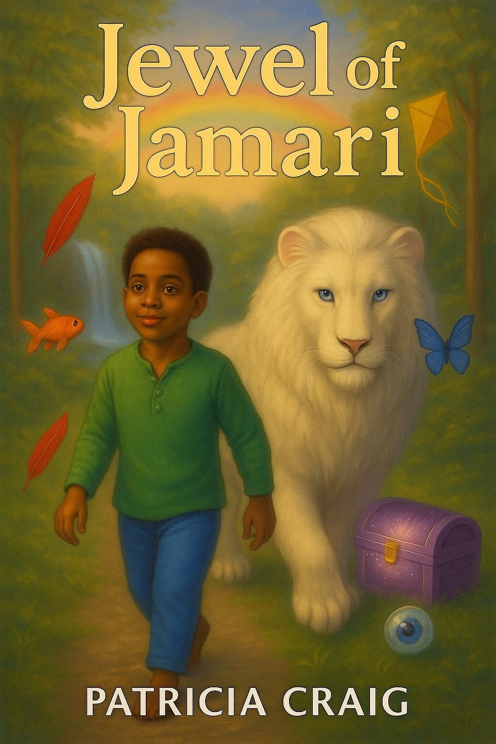 book cover displaying an african american boy walking with a whit lion with title jewel of jamari in yellow font