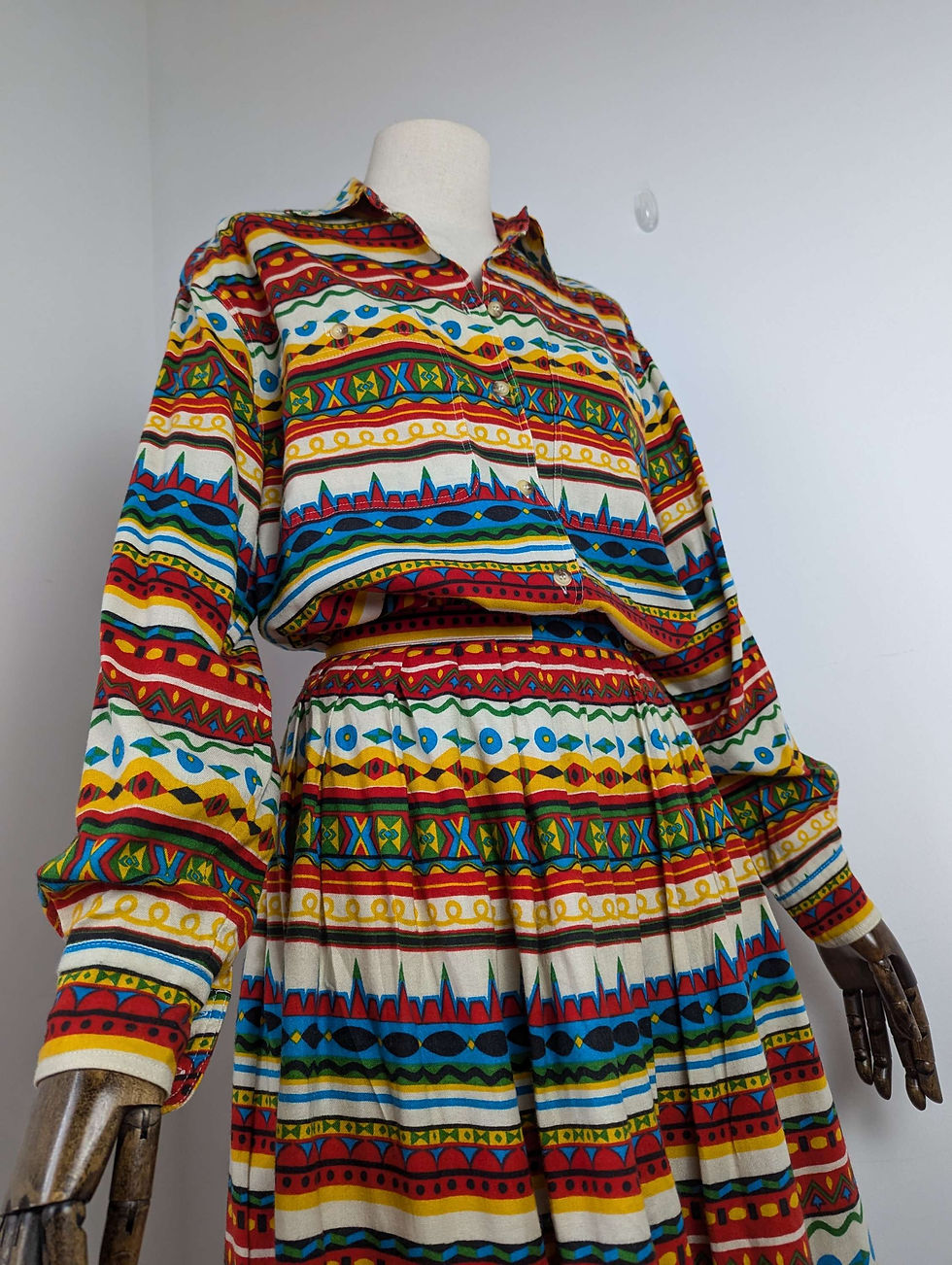 Thumbnail: 1990s Mondi Aztec Print Two-piece Blouse and Skirt 