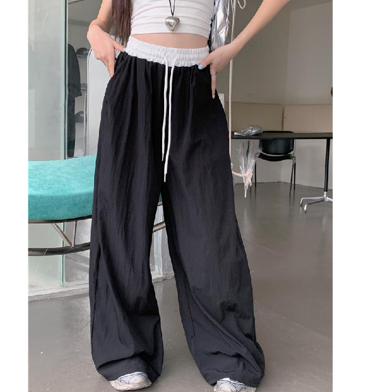 Thumbnail: New Women's Wide Leg Straight Cut Loose Fit Casual Pants Elastic Waist Texture D