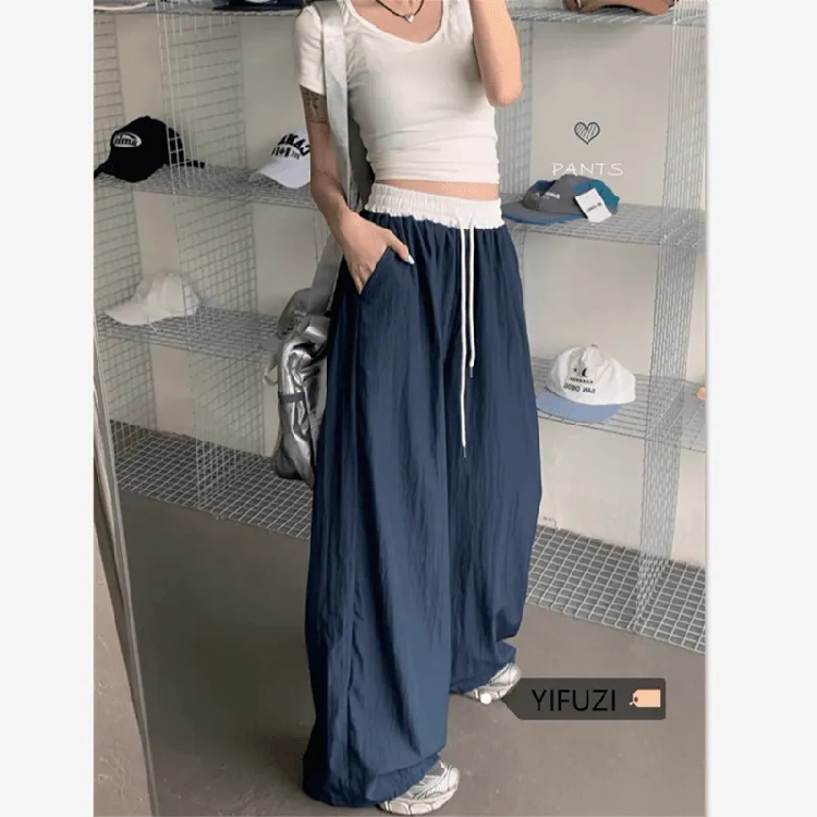 Thumbnail: New Women's Wide Leg Straight Cut Loose Fit Casual Pants Elastic Waist Texture D