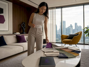 Singaporean female interior designer reviewing blueprints