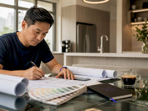 Singaporean man reviewing renovation plans at home