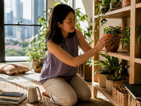 Singaporean woman arranging plants in biophilic living room