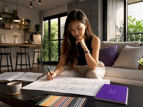 Woman reviewing open concept home blueprint