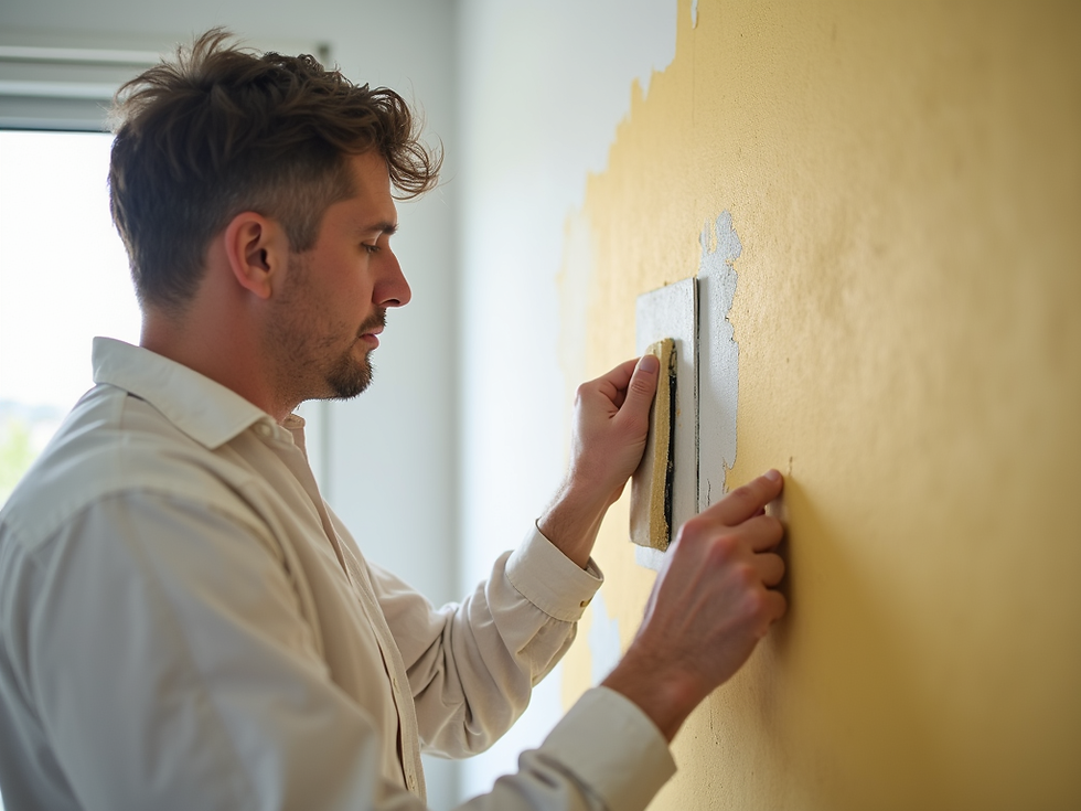 Eye-level view of a painter applying smooth white paint on an interior wall