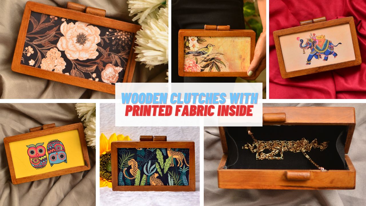 Best Selling Wooden Clutches with Printed Fabric Inside