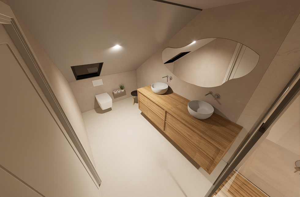 A skylight was incorporated to bring in natural light and enable passive ventilation, enhancing the room’s sense of openness while supporting a serene, spa-like experience.