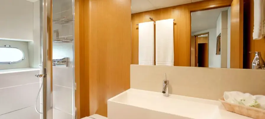 Bathroom vanity and shower aboard the Sunseeker 28 Metre yacht