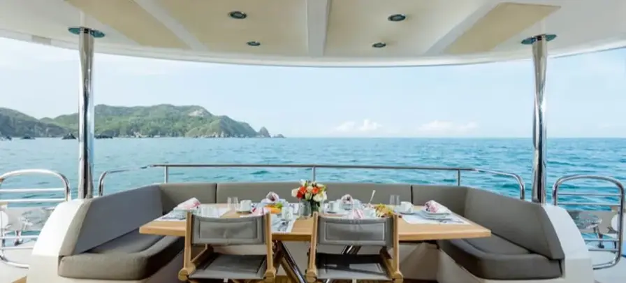 Aft deck dining area aboard the Sunseeker 28 Metre yacht overlooking the Sea of Cortez