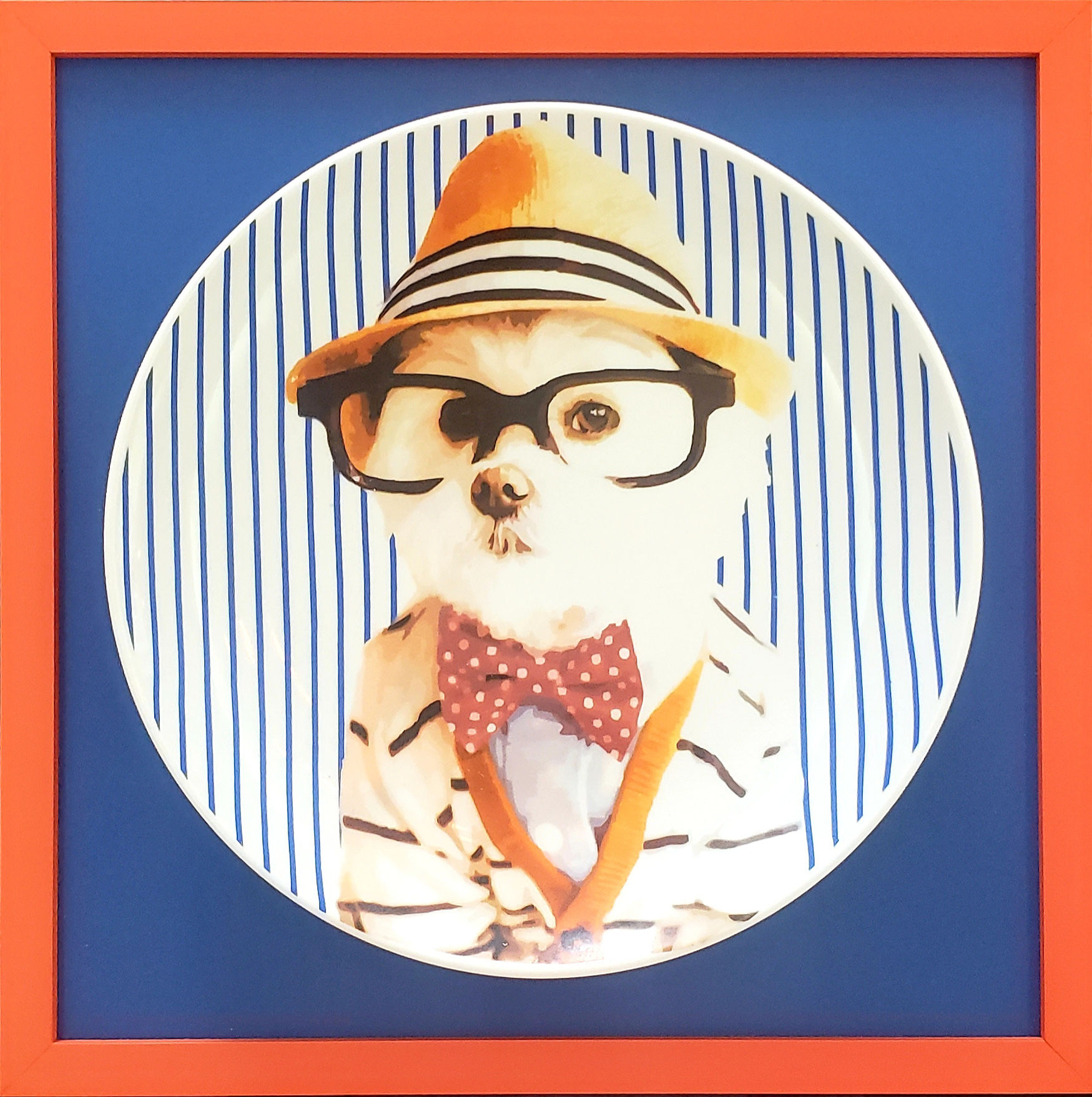 Prato de Porcelana Emoldurado Cachorro Spitz Black Glasses - 32x32 cm