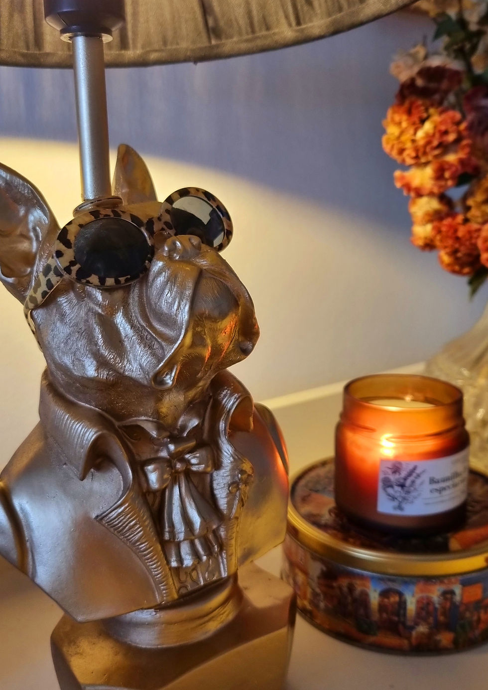 Miniatura: Base Luminária Cachorro Boston Terrier de Óculos, Dourado